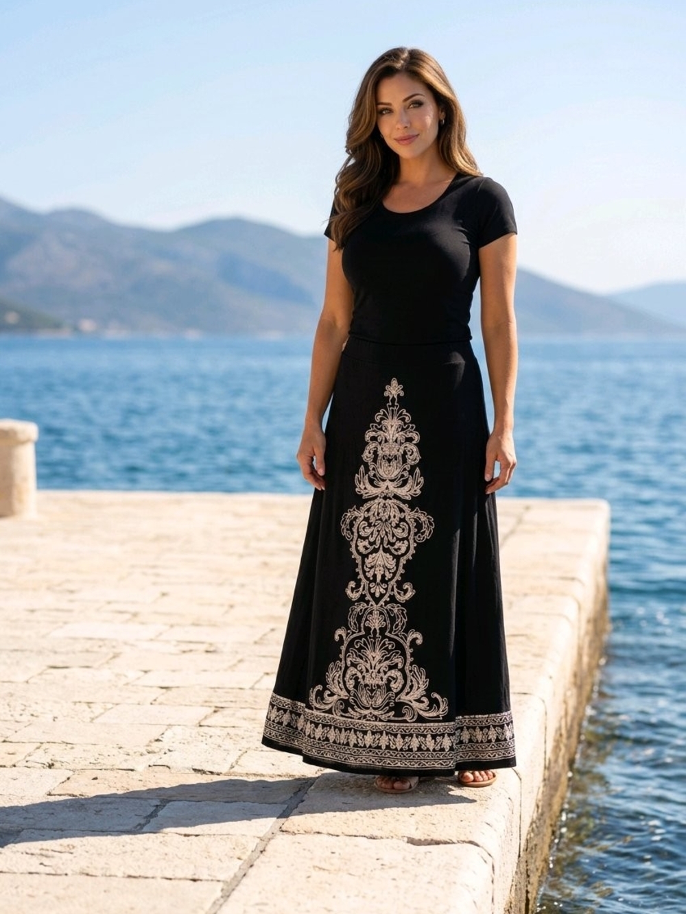 INC International Concepts Black Maxi Skirt with Cream Embroidery